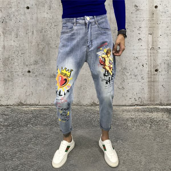 

2019 new style society spiritual guy love cupid arrow printed jeans trendy man slim social shake men casual pants, Blue