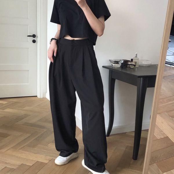 

ewq] 2020 new high waist flat front button pants floor length wide leg female trousers korea styles casula harem pants, Black;white