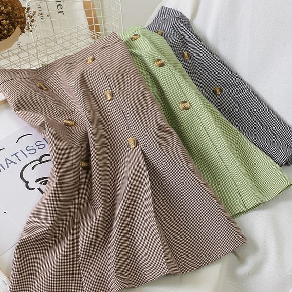 

elegant office green plaid midi pleated skirt women spring high waist buttons clothes ladies korean a-line school skirt female, Black