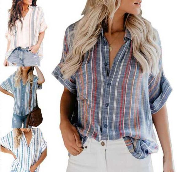 

european and american summer cardigan striped pocket short-sleeved shirt women loose blouse, White