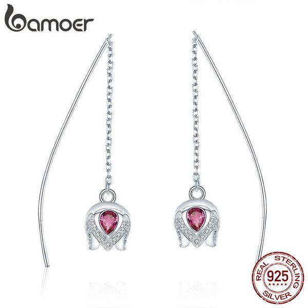 

bamoer real 925 sterling silver romantic tulip flower shape drop earrings for women pink cz sterling silver jewelry sce504
