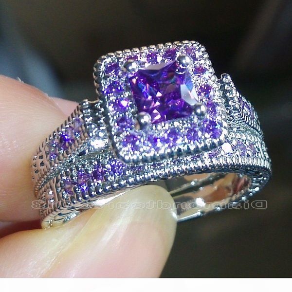 

size 5-10 vintage jewelry princess cut amethyst simulated diamond cz wedding gemstones engagement bridal rings set for women love gift, Slivery;golden