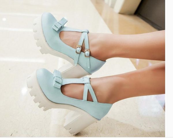 

2020 spring and autumn with new style fashion high heel coarse heel round head bowknot waterproof table women's shoes@mkiol129, Black