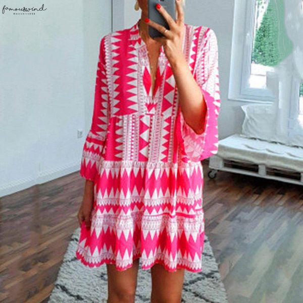 

fashion women v neck summer loose dress casual lady bohemia floral printed above knee dress green blue vestidos oy41*, Black;gray