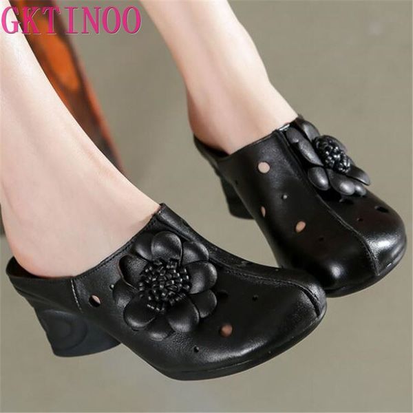 

gktinoo 2020 new summer flower hollow genuine leather sandals women high heel slippers fashion elegant shoes women sandals, Black