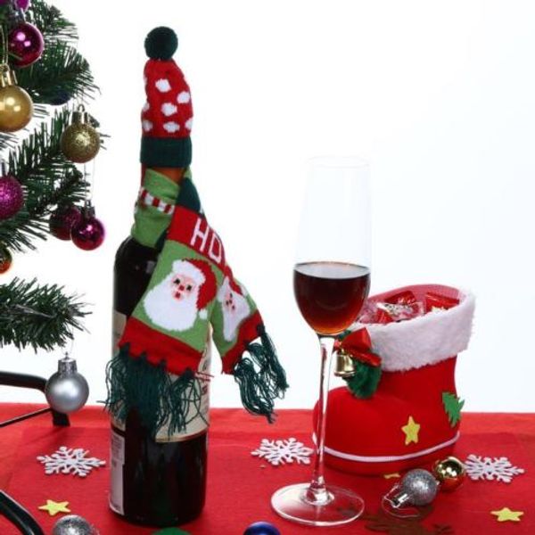 

red wine bottle knitted scarf hat cover bags christmas dinner table decor party