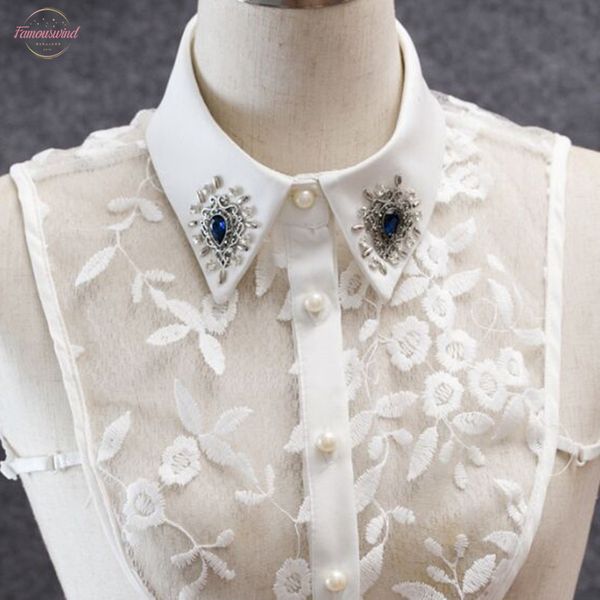 

korean fashion small broken pearl half shirt detachable high grade crystal female blouse fake collar blouses, White