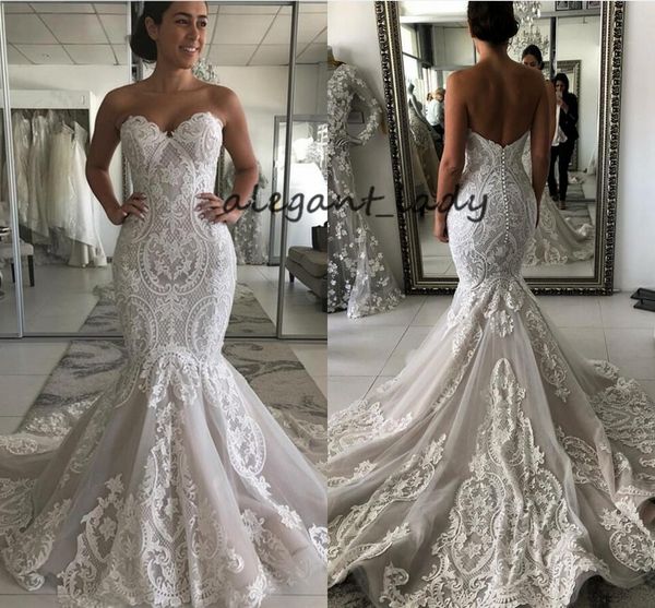 

cathedral train mermaid wedding dresses 2019 3d lace applique sweetheart covered buttons trumpet church garden wedding gowns, White