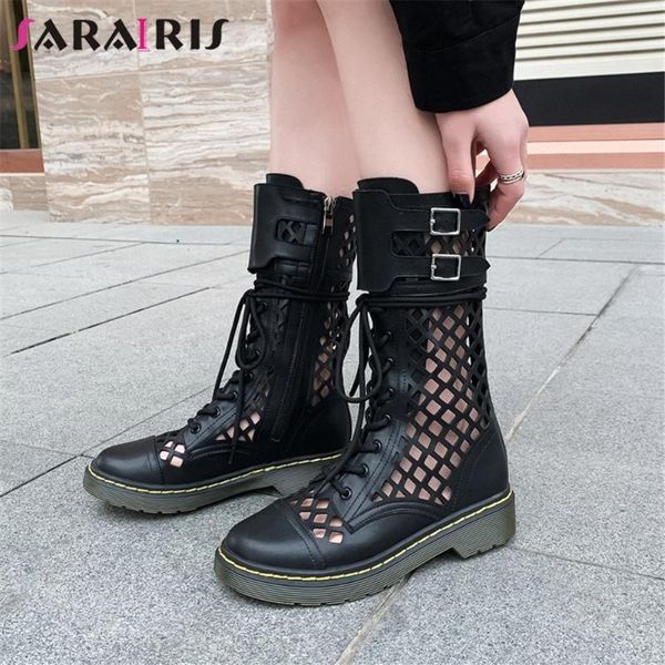 

sarairis 34-39 ins female lace up belt buckle boots women 2020 fashion casual hollow shoes woman summer shoes woman, Black