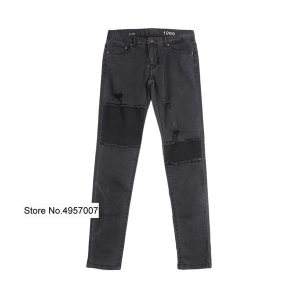 

elfstyle women stylish dark grey ripped patchwork denim jeans - 2020ss ladies gray elastic nine pants, Blue