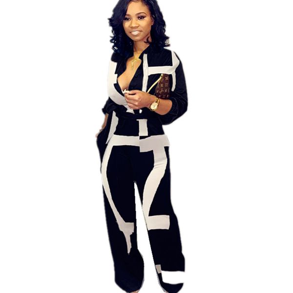

women fashion cardigan cotton printed long sleeve mid waist bodysuit newspaper loose jumpsuit wholesale dropshpping, Black;white