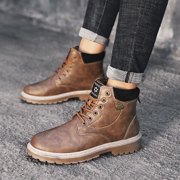 

british ankle boots round toe platform boots for leather men low heels motorcycle lace-up winter shoes, Black