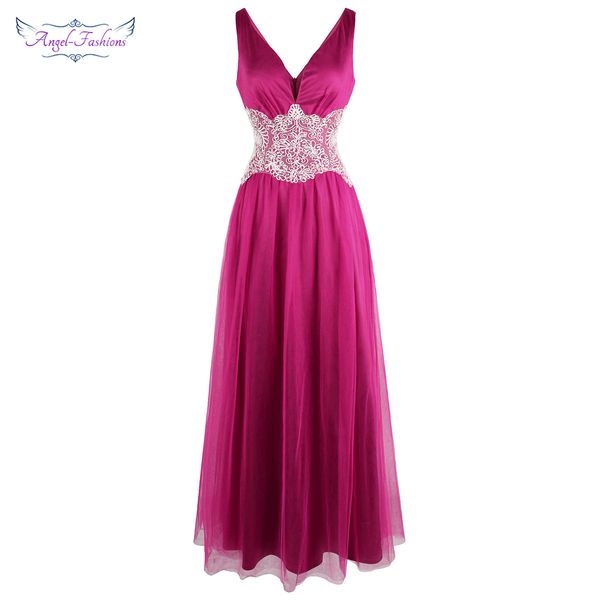 

angel-fashions women's v neck applique white lace pleated a-line long prom dress purple vintage w-190519-s, White;black