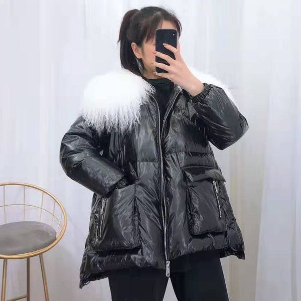 

women coat winter 2019 fashion down jacket mongolian real wool fur collar plus size coat parka real fur thick warm jacket, Black