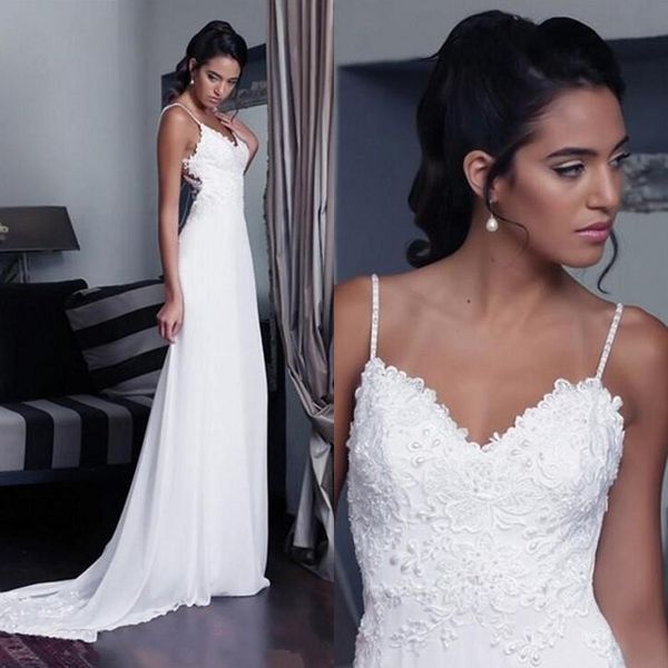 

2020 simple elegant lace mermaid wedding dresses spaghetti straps summer beach backless bridal gowns a line chiffon custom
