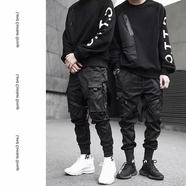 

men's pants spring beamed multi-pocket casual loose elastic waist hip-hop cool black overalls for male 2021