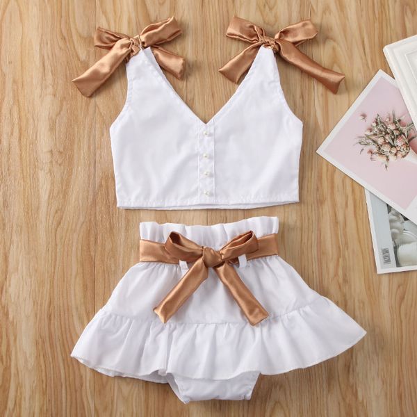 

toddler kids baby girl ruffles button fashion tank crop + tutu skirt shorts bowknot summer outfits, White