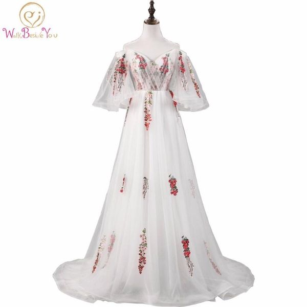 

walk beside you evening dresses light ivory with colorful embroidery prom dresses short sleeves off shoulder long vestido festa, White;black