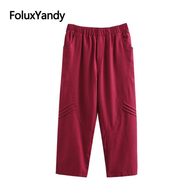 

women summer pants plus size trousers elastic waist pleated casual cotton and linen pants red khaki black kkfy4686, Black;white
