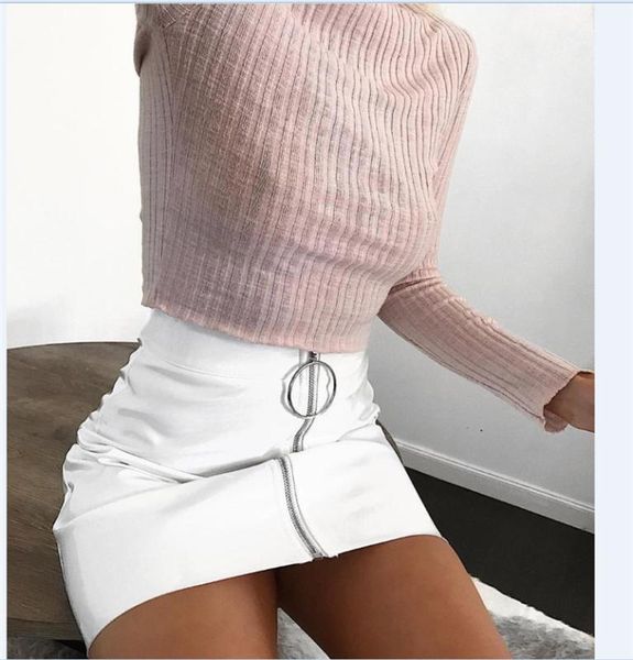 

women fashion high waist zip faux leather short pencil bodycon mini skirt solid white skirt, Black