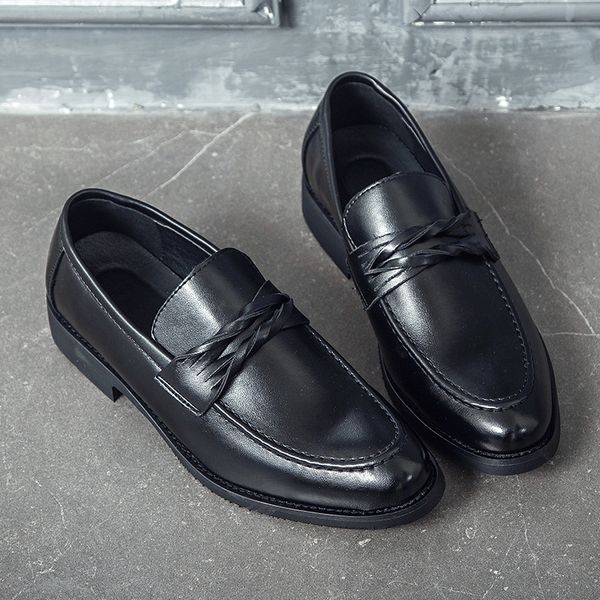 

yomior new vintage slip-on men casual leather shoes pointed toe business formal dress oxfords barber work loafers wedding party, Black