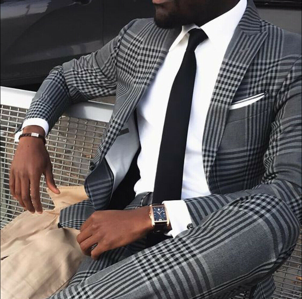 

men's suits & blazers 2021 grey mens vintage plaid british style slim notch lapel two piece polyester+cotton groom party tuxedos, White;black