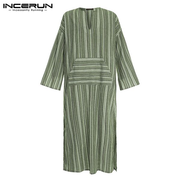 

incerun men muslim islamic kaftan cotton striped vintage robes pockets long sleeve saudi arabia men jubba thobe 2019 plus size, Red