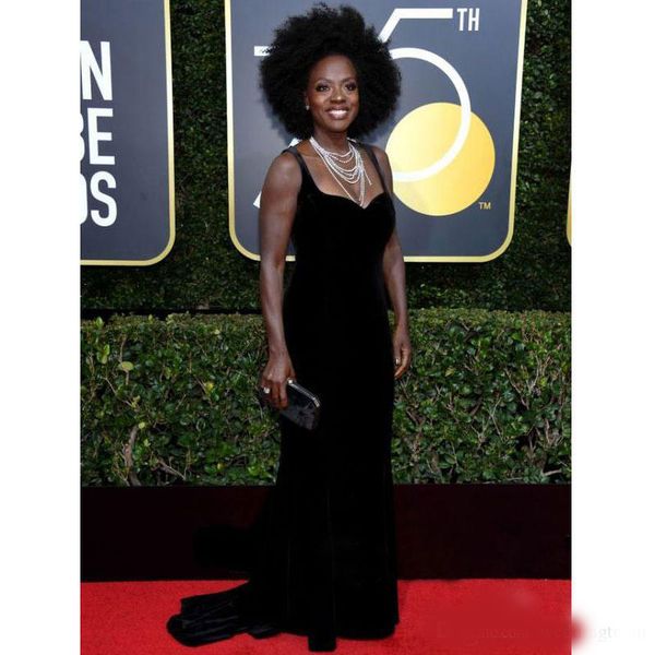 

2020 golden globe awards dresses evening wear black mermaid velvet prom gowns viola davis red carpet celebrity dress, Black;red