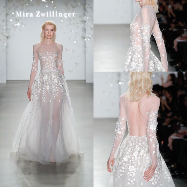 Modest Mira Zwillinger A linha de vestidos de casamento Jewel Neck manga comprida Applique de cristal do vestido de casamento de trem da varredura robe de mariée