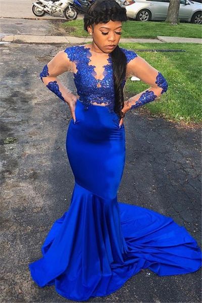 

формальные платья выпускного вечера с русалкой royal blue с длинным рукавом 2019 кружевное пятно sheer jewel neck sweep поезд африканский ве, Black