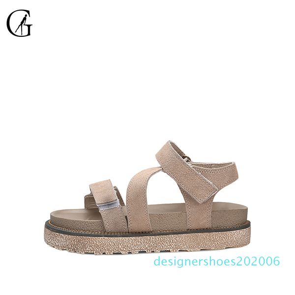 

goxeou women's sandals khaki suede roman thick sole comfortable casual beach shoes d06, Black