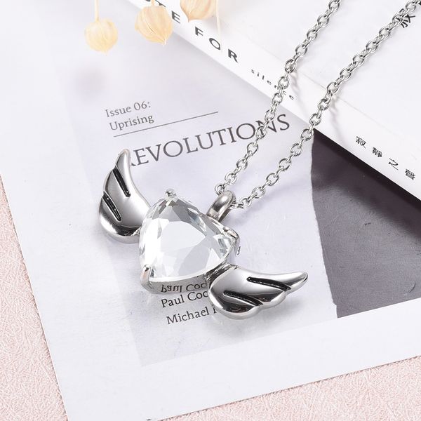 

stainless steel cremation urn necklace crystal birthstone memorial ashes holder keepsake heart urn locket angel wings ashes, Silver
