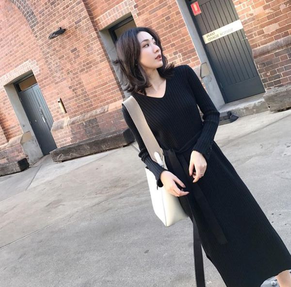 

mq new long-sleeved yarn knit dress female long section slim wild bottoming shirt women's clothing dresses for women zentai suit midi l, Black;gray