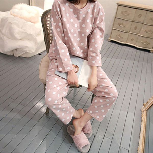 

polka dot cute sweet women pajamas set long-sleeved o-neck pants women home clothes 2018 autumn and winter nightgown xxl, Blue;gray