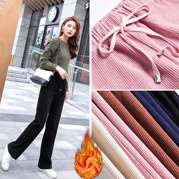 

2019 autumn and winter plus velvet thick corduroy wide-leg pants women white trousers casual straight stripe trousers, Black;white
