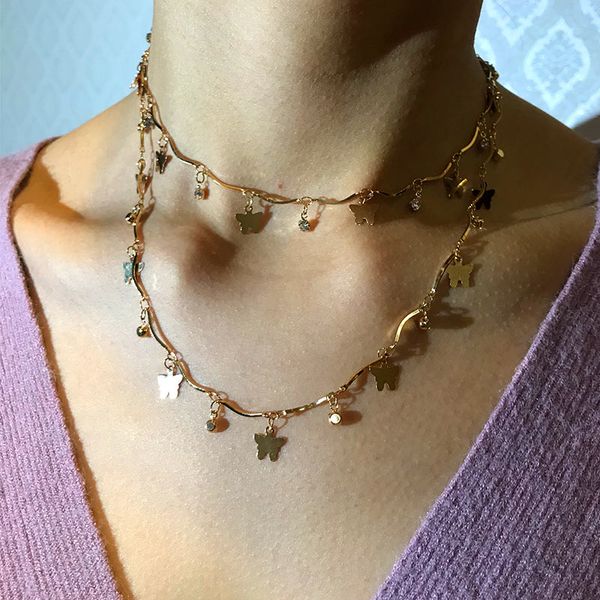 

flatfoosie bohemian butterfly necklaces for women double layer gold color clavicle chain pendant necklaces jewelry accessories, Silver
