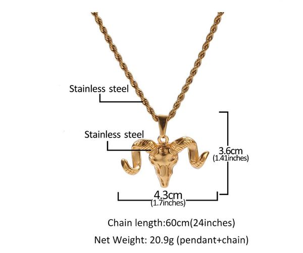 

selling designer luxury hip-hop goat head pendant necklace jewelry gold-plated goat horn skull stainless steel personality necklace, Silver