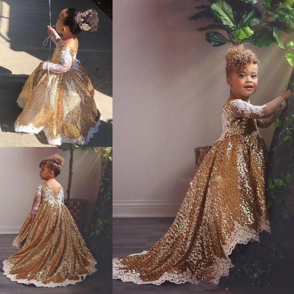 

2020 new sparkly gold flower girl dresses with white lace appliques long sleeves hi lo toddlers teens party communion dress pageant gowns