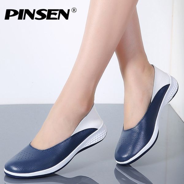 

pinsen 2019 handmade new summer hole loafers women flat leather moccasin shoes woman slip on ladies shoes casual flats moccasins y190704, Black