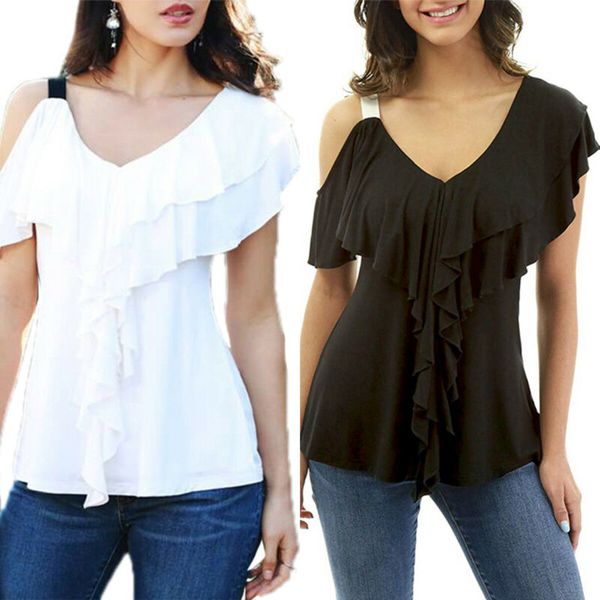 

Women V Neck Ruffle T Shirt Tunic Slim Casual Tops Plain One Cold Sleeve Summer