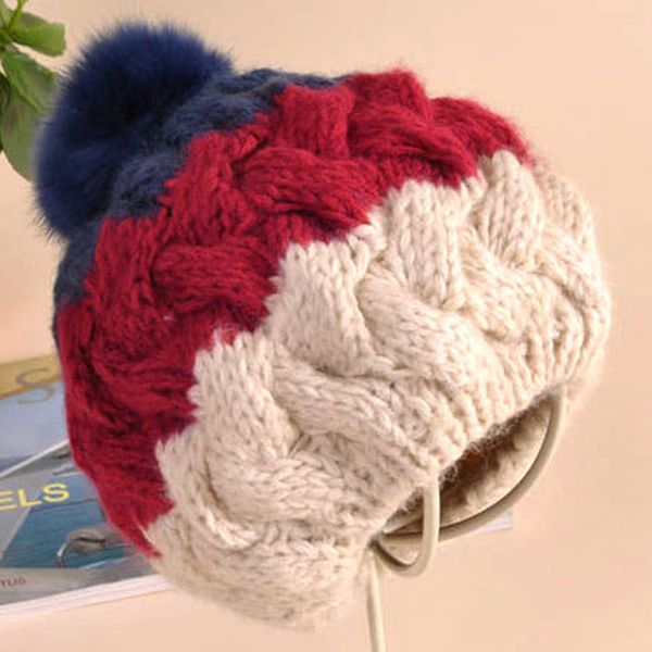 

новые женщины осень-зима hat для девушки трикотажная полосатый hat берет с мехом pom pom моды beanie cap, Blue;gray