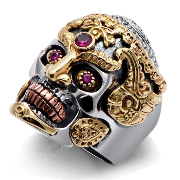 

fashion domineering skull king inlaid artificial red stone men's ring man's biker punk personality jewelry drop shipping, Slivery;golden