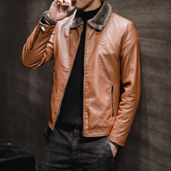 

2019 men's leather coat fold-down collar thick plus velvet fur men's wear young and middle-aged warm leather jacket coat, Black