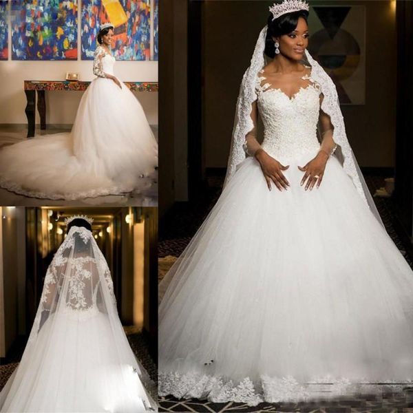 

Black Girl Wedding Dresses Lace Appliques Illusion Long Sleeves Wedding Vestidos Zipper Back Sheer Neck Bridal Gowns