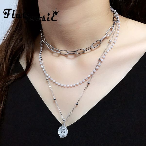 

flatfoosie multi-layer imitation pearls choker necklace for women girls silver fine chain coin pendants necklaces 2019 jewelry