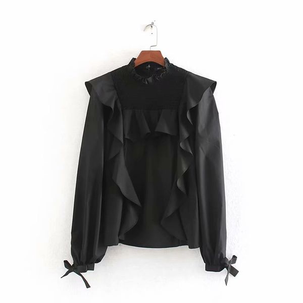 

new women fashion solid color ruffles black smock blouse shirts women elastic bow tied sleeve chic blusas femininas ls6070, White