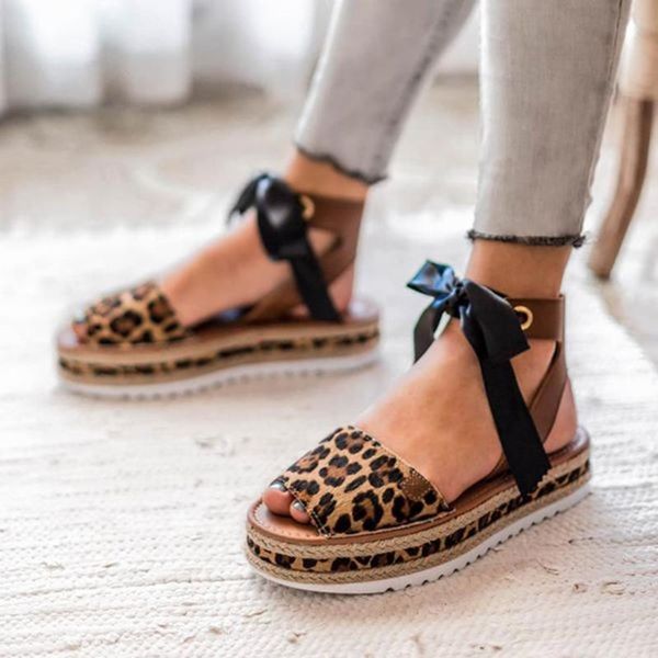 

fashion girls leopard thick flat sandals buckle casual shoes women's fashion casual lace-up sandals women beach shoes#g2, Black