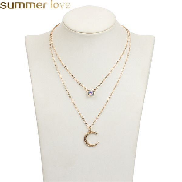 

multi layered crystal crescent necklaces choker moon star pendants necklace for elegant women girls wholesale fashion accessories jewelry, Silver