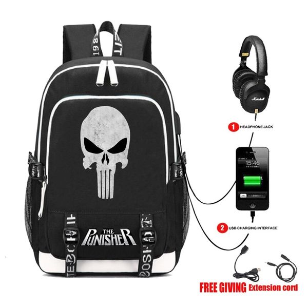 

usb charge headphone jack men women shoulder travel student school bag teenagers casual lapbags the punisher skull backpack