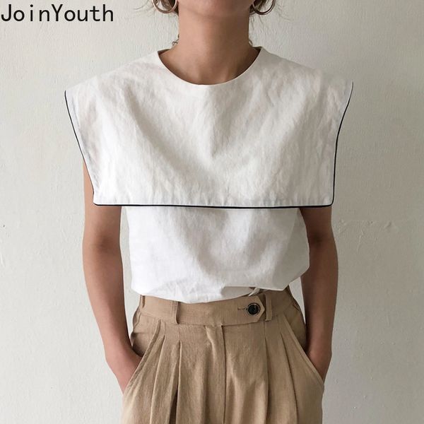 

joinyouth korean chic women blouse hit color sailor collar sleeveless fashion shirts 2020 new pullover blusas feminimos 59531, White